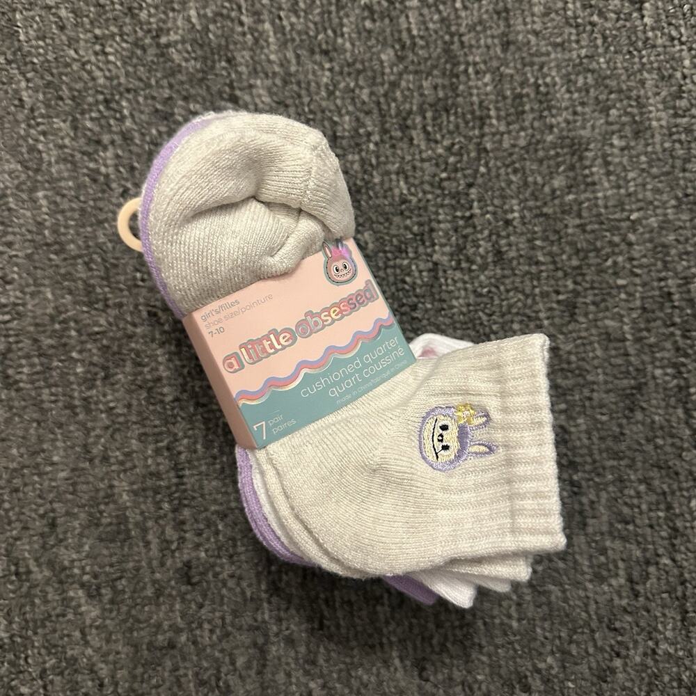 Labubu Monster 7-pack of "a little obsessed" white and Purple Socks Size 7-10